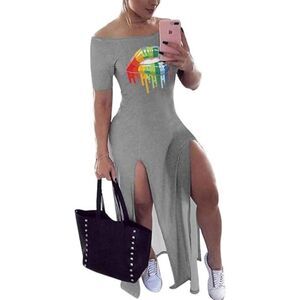 Nhicdns Bodycon Club Off Shoulder Colorful Lip T-Shirt Dress with Splits Sz 3XL